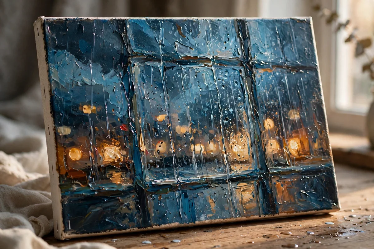 A canvas painting of a rainy window with blurred lights