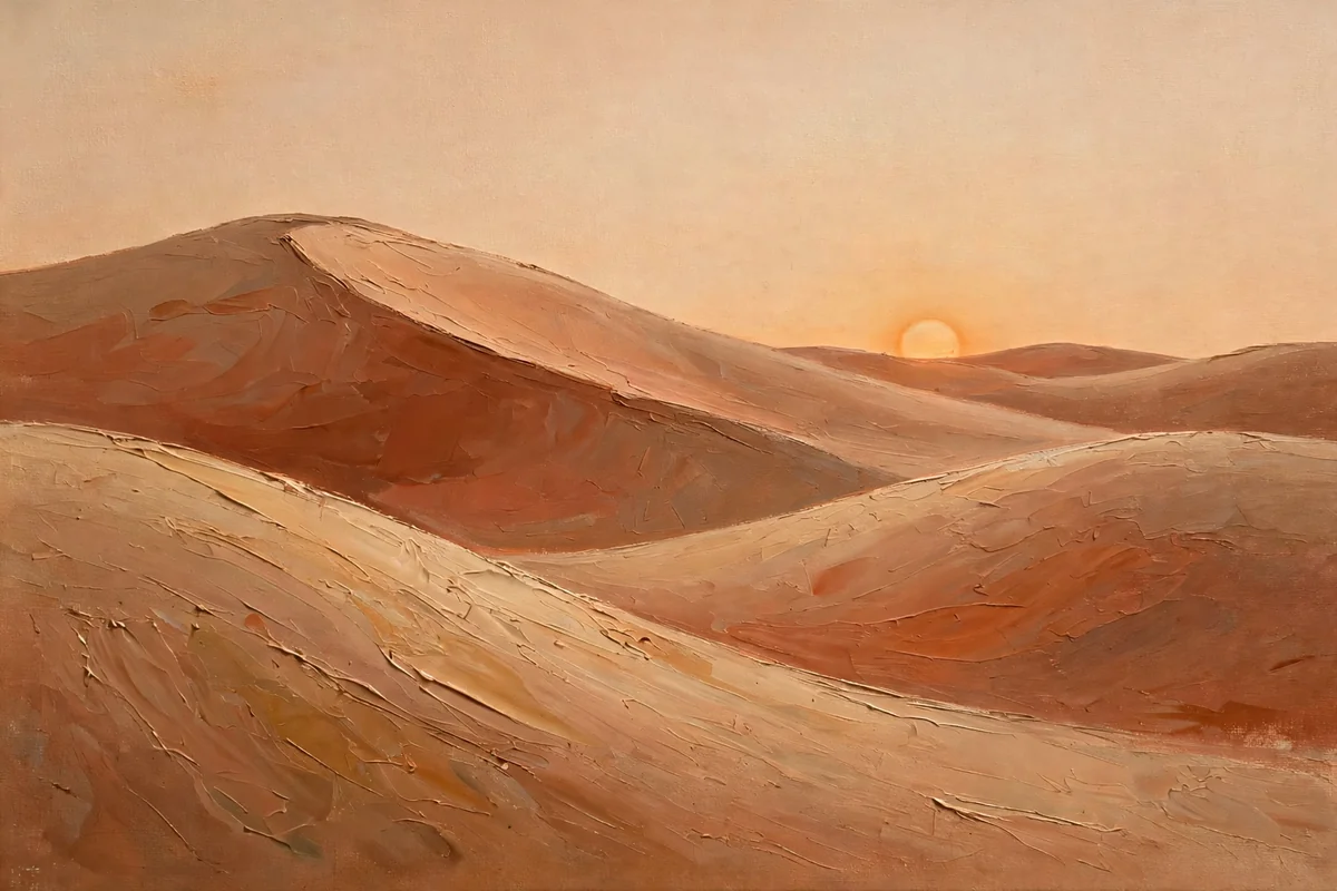 A canvas painting of desert dunes with a low sun