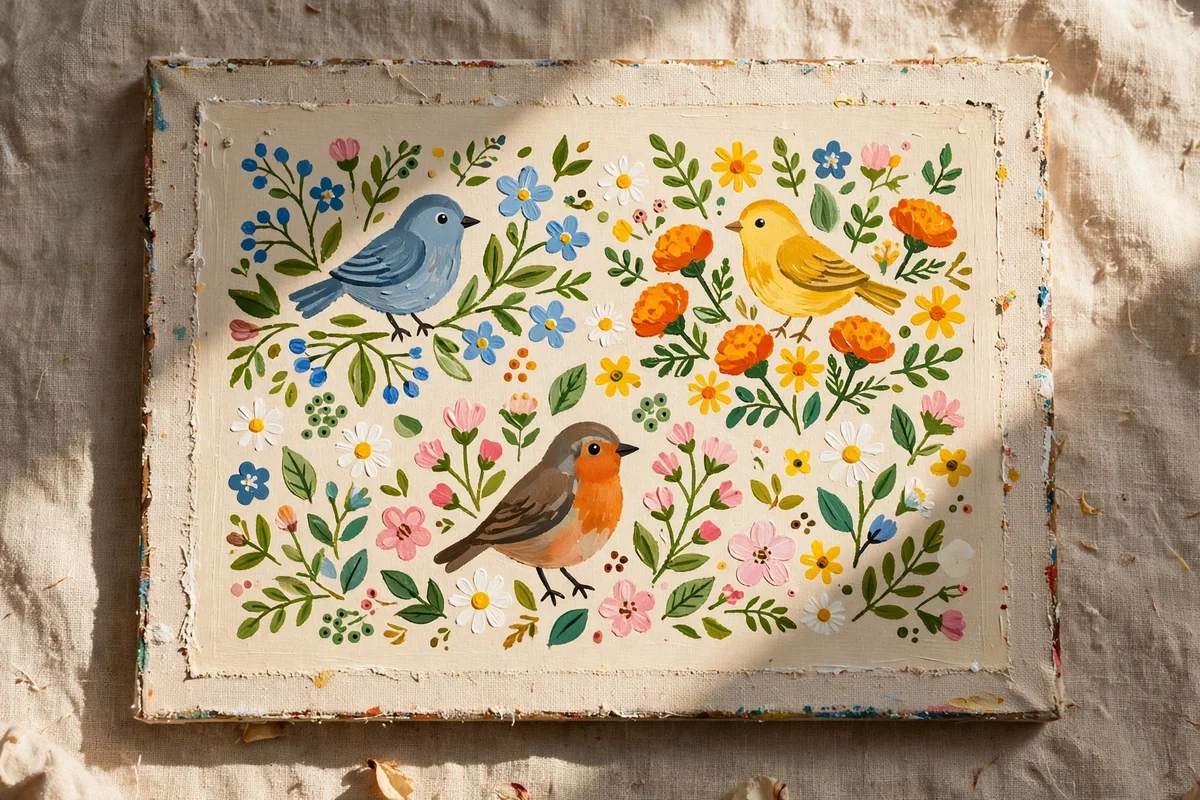 A folk art canvas of garden birds and simple blooms