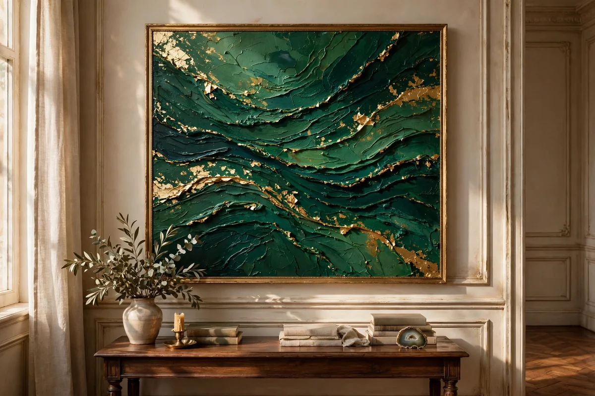 A deep green canvas painting with gold leaf accents