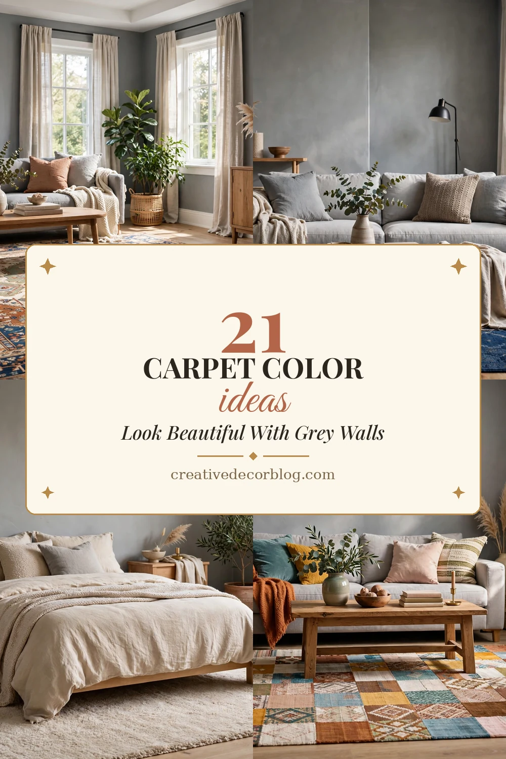 Pinterest pin collage of carpet color ideas titled 21 Carpet Color Ideas That Look Beautiful With Grey Walls