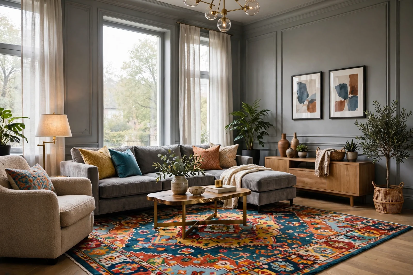 Wide view of a beautiful living room with grey walls and a colorful area rug, elegant