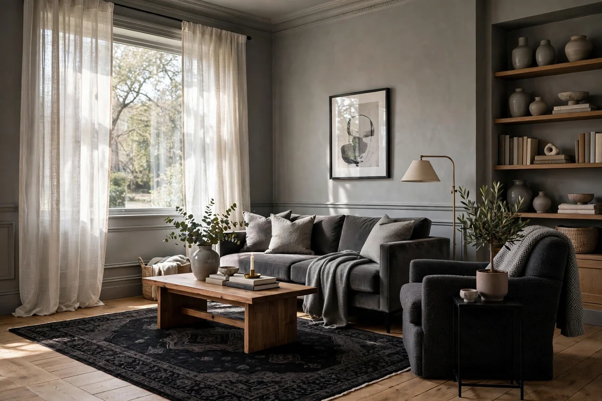 Living room with grey walls and a classic black area rug, sophisticated