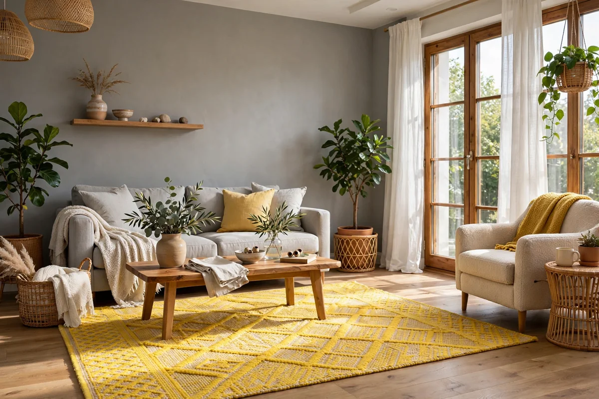 Living room with grey walls and a sunny yellow area rug, cheerful