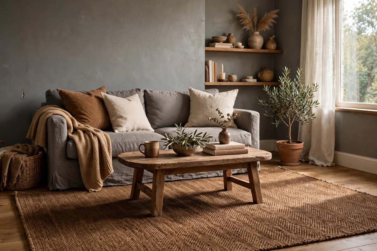 Living room with grey walls and a warm brown area rug, cozy