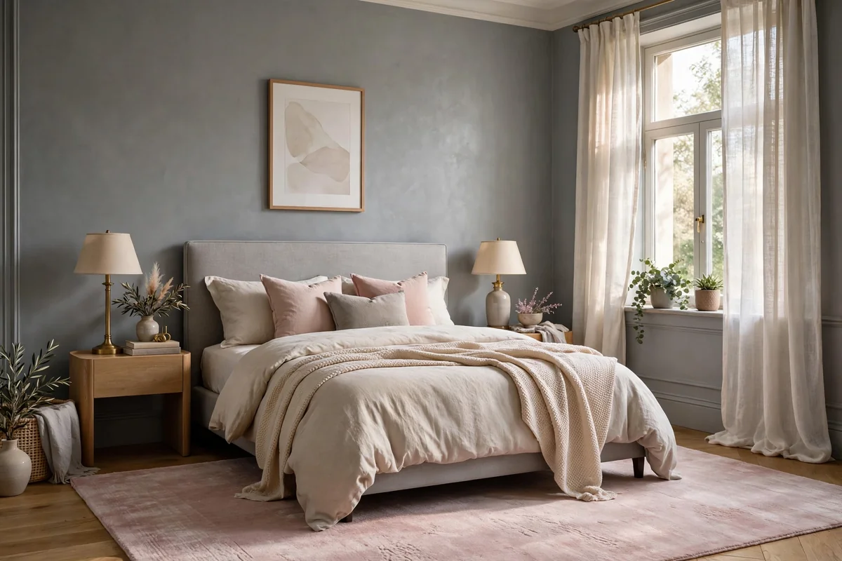 Bedroom with grey walls and a blush pink area rug, elegant