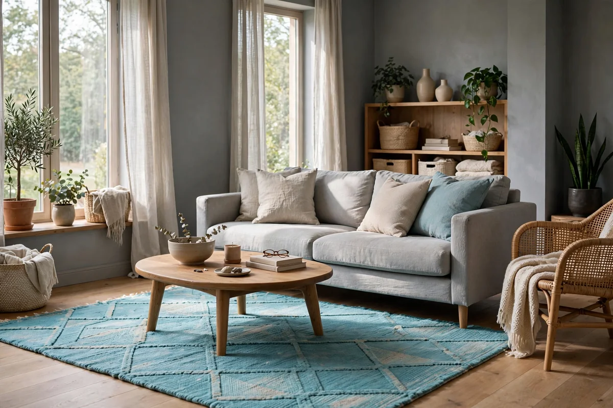 Living room with grey walls and a calming turquoise area rug