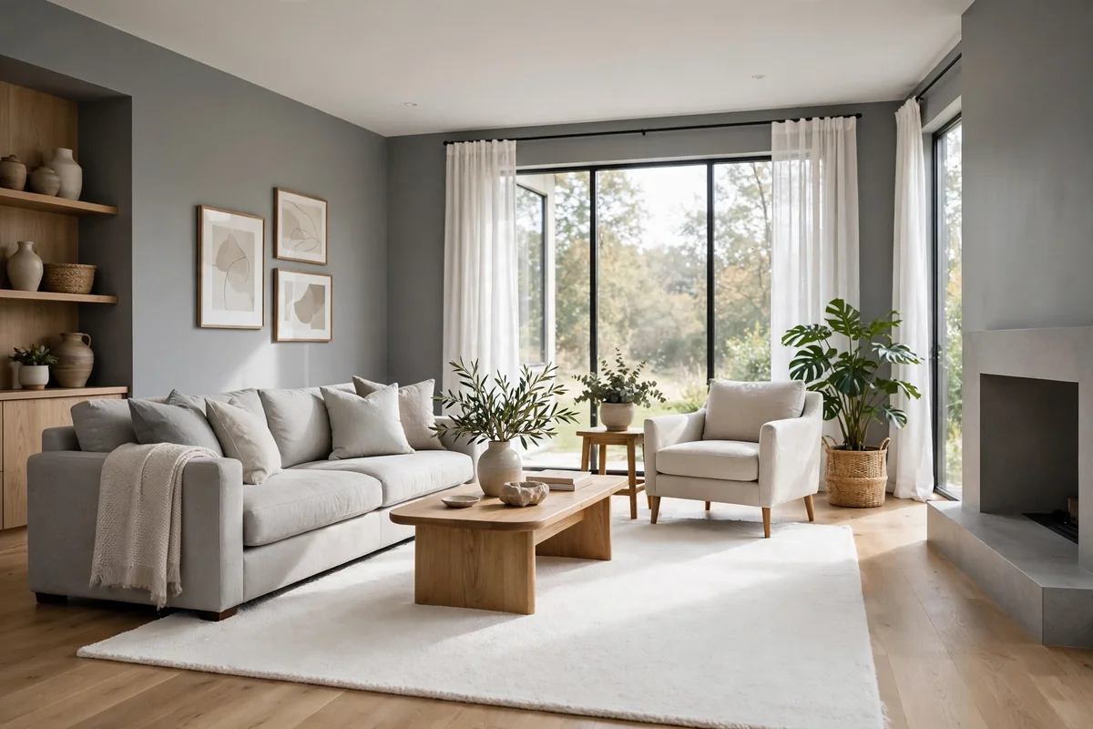 Living room with grey walls and a crisp white area rug, spacious