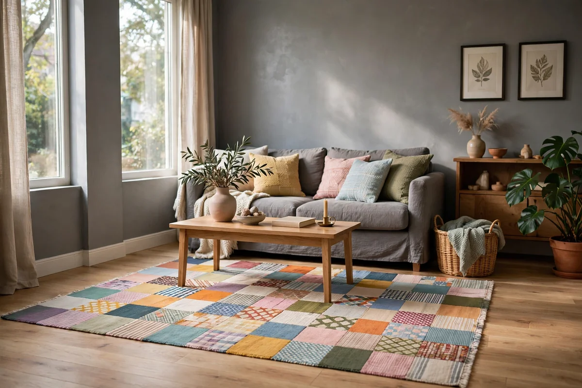 Living room with grey walls and a playful multicolor patchwork rug