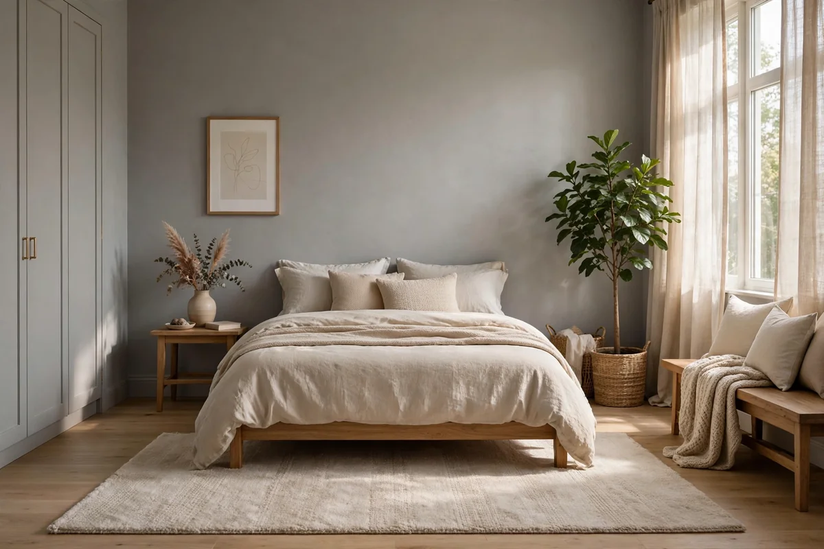 Bedroom with grey walls and a soft beige area rug, serene