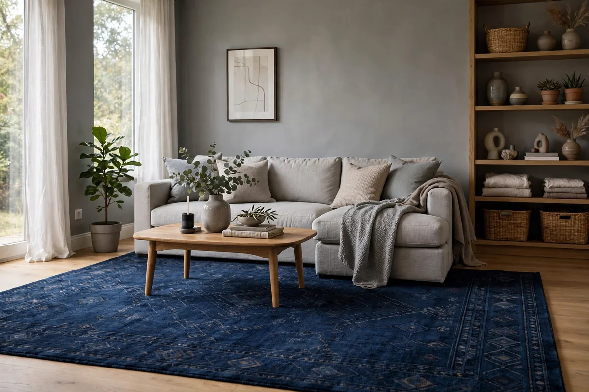 Living room with grey walls and a deep navy blue area rug