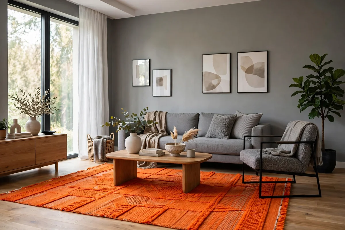Living room with grey walls and a vibrant orange area rug, modern