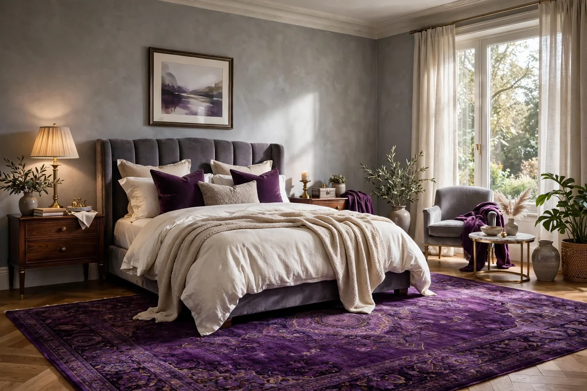 Bedroom with grey walls and a rich purple area rug, luxurious