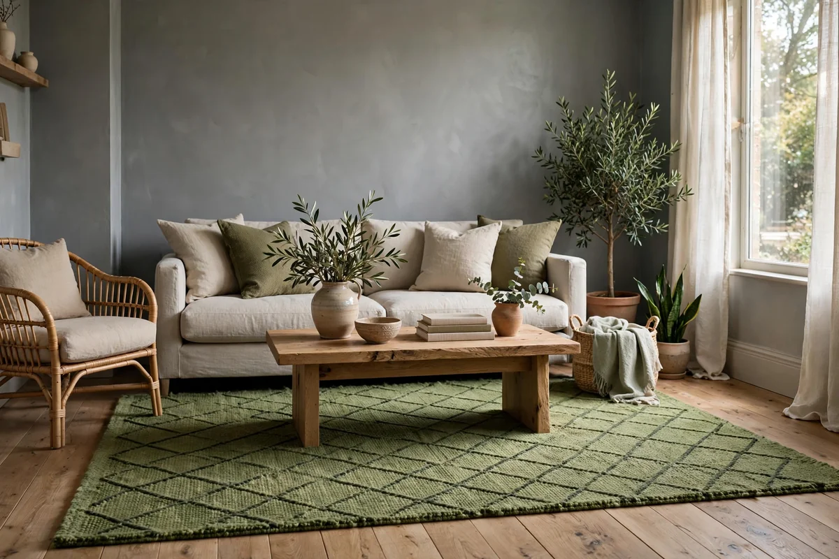 Living room with grey walls and a fresh green area rug, natural