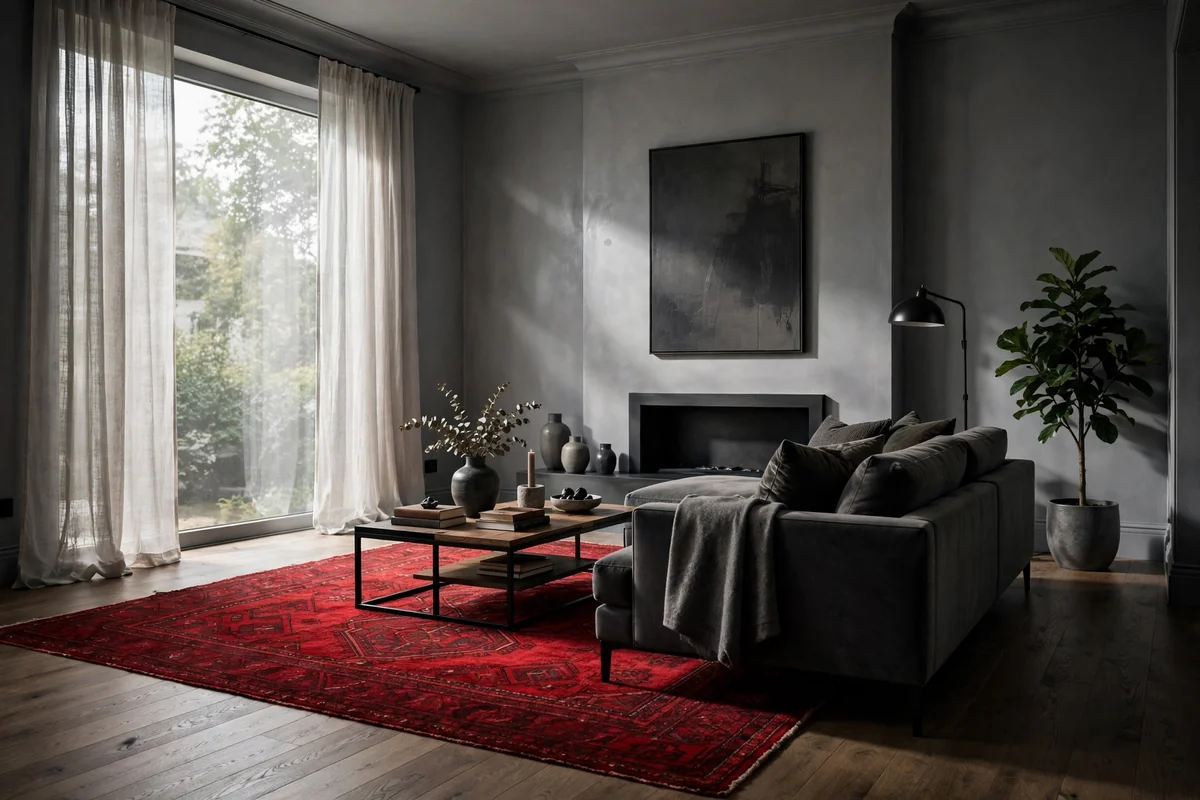 Living room with grey walls and a bold red area rug, dramatic