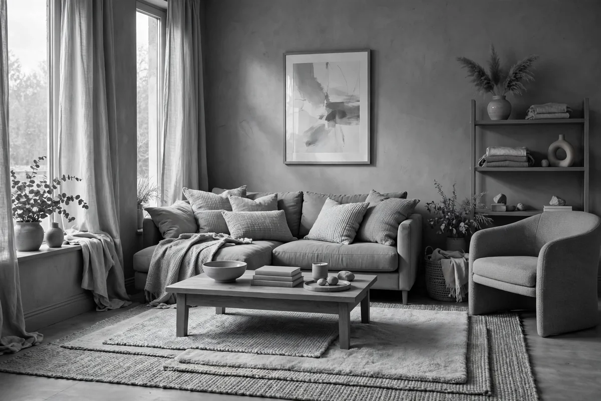 Living room with grey walls and a light grey layered rug, monochrome