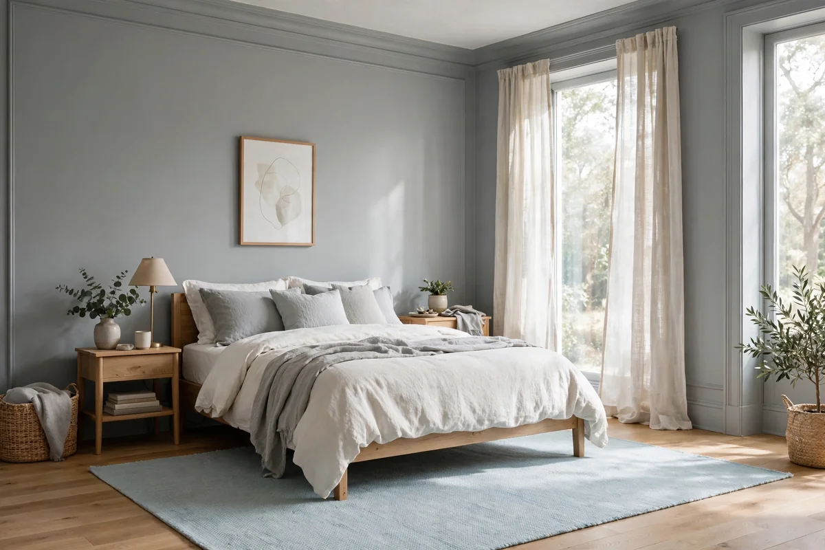 Bedroom with grey walls and a pale sky blue area rug, airy