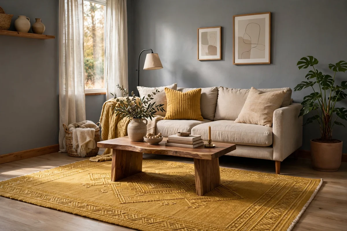 Living room with grey walls and a mustard gold area rug, warm