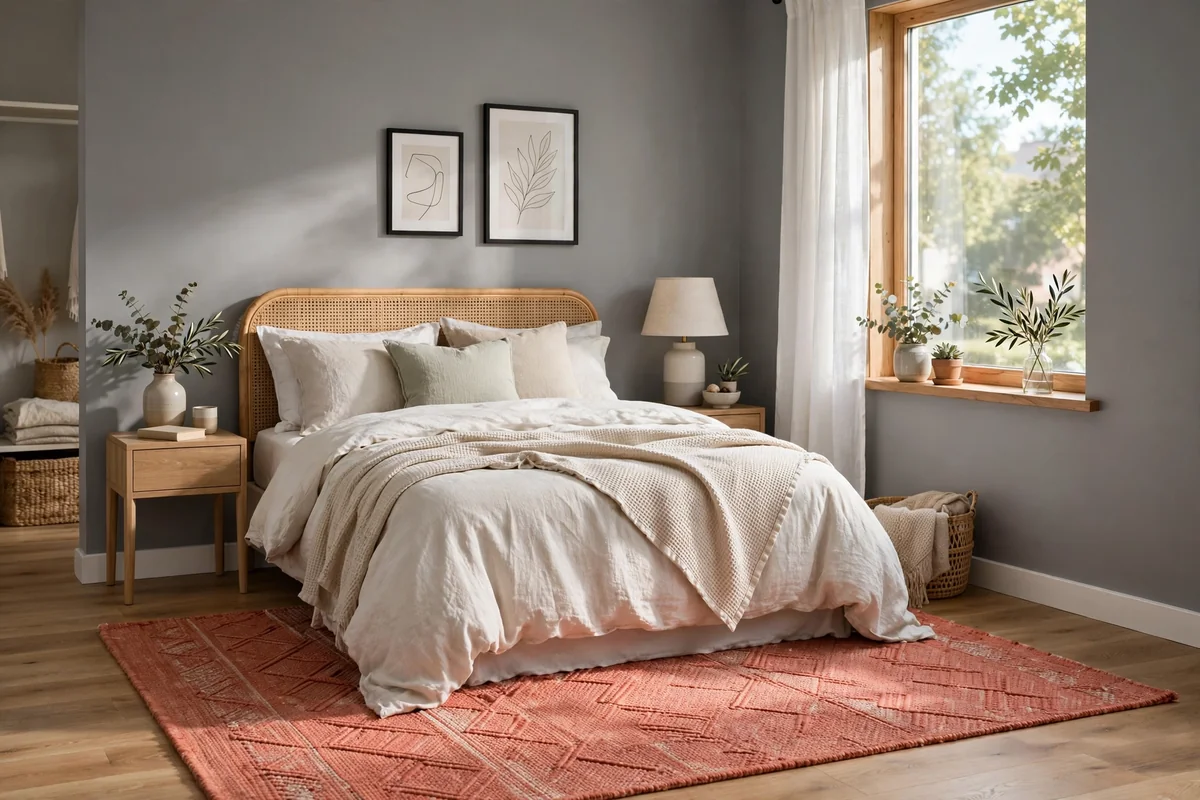 Bedroom with grey walls and a coral colored area rug, fresh