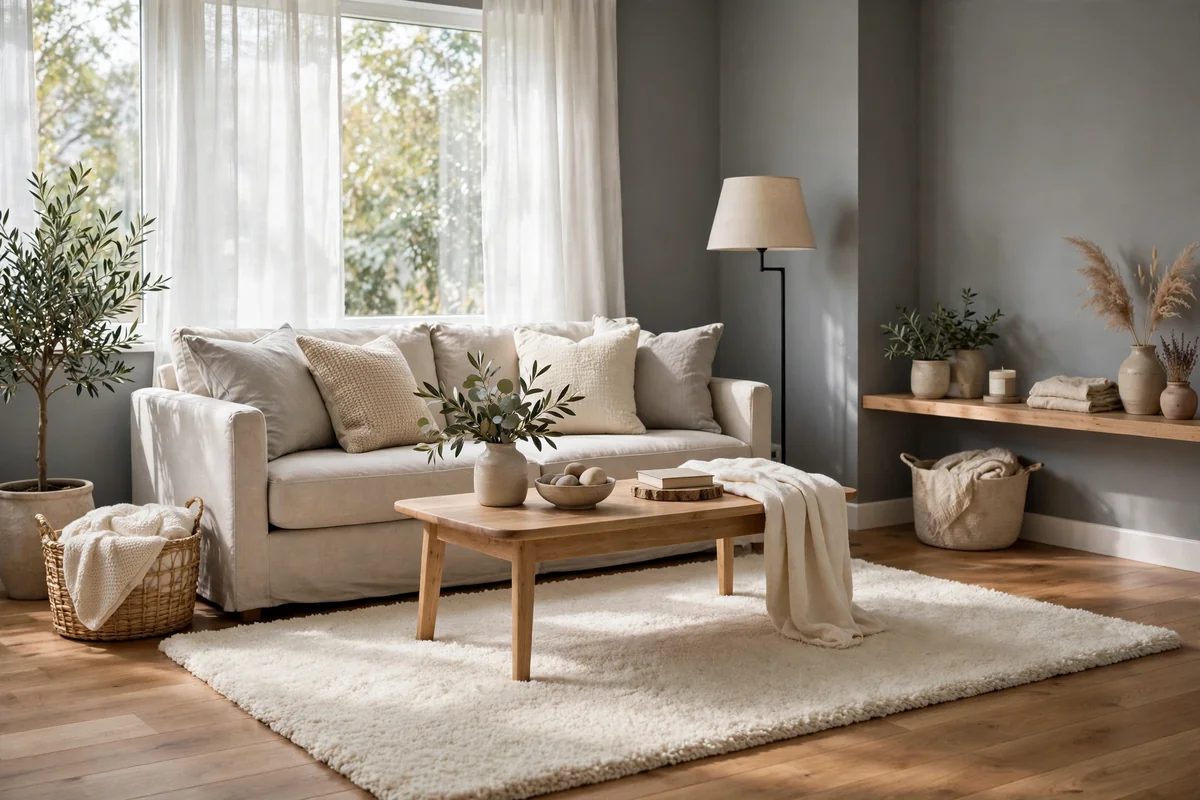Living room with grey walls and a cream colored area rug, soft