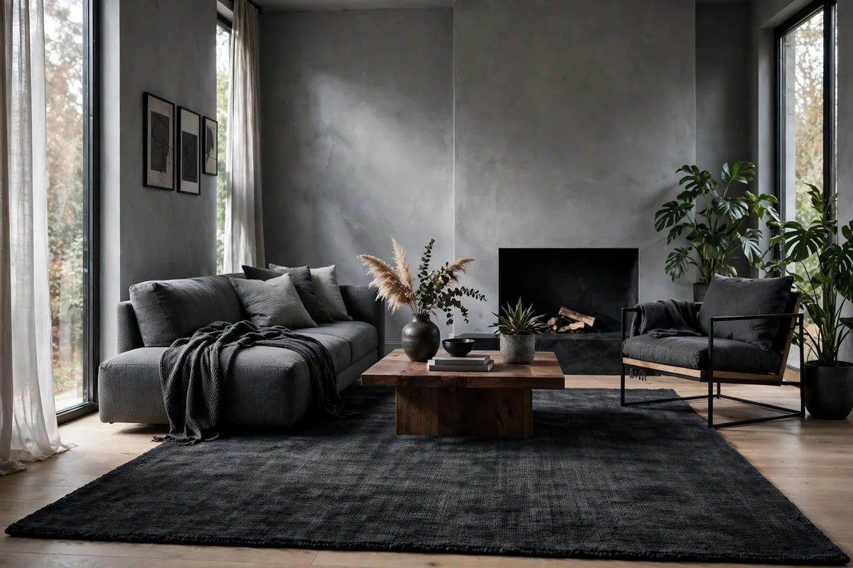 Living room with grey walls and a dark anthracite grey rug, dramatic