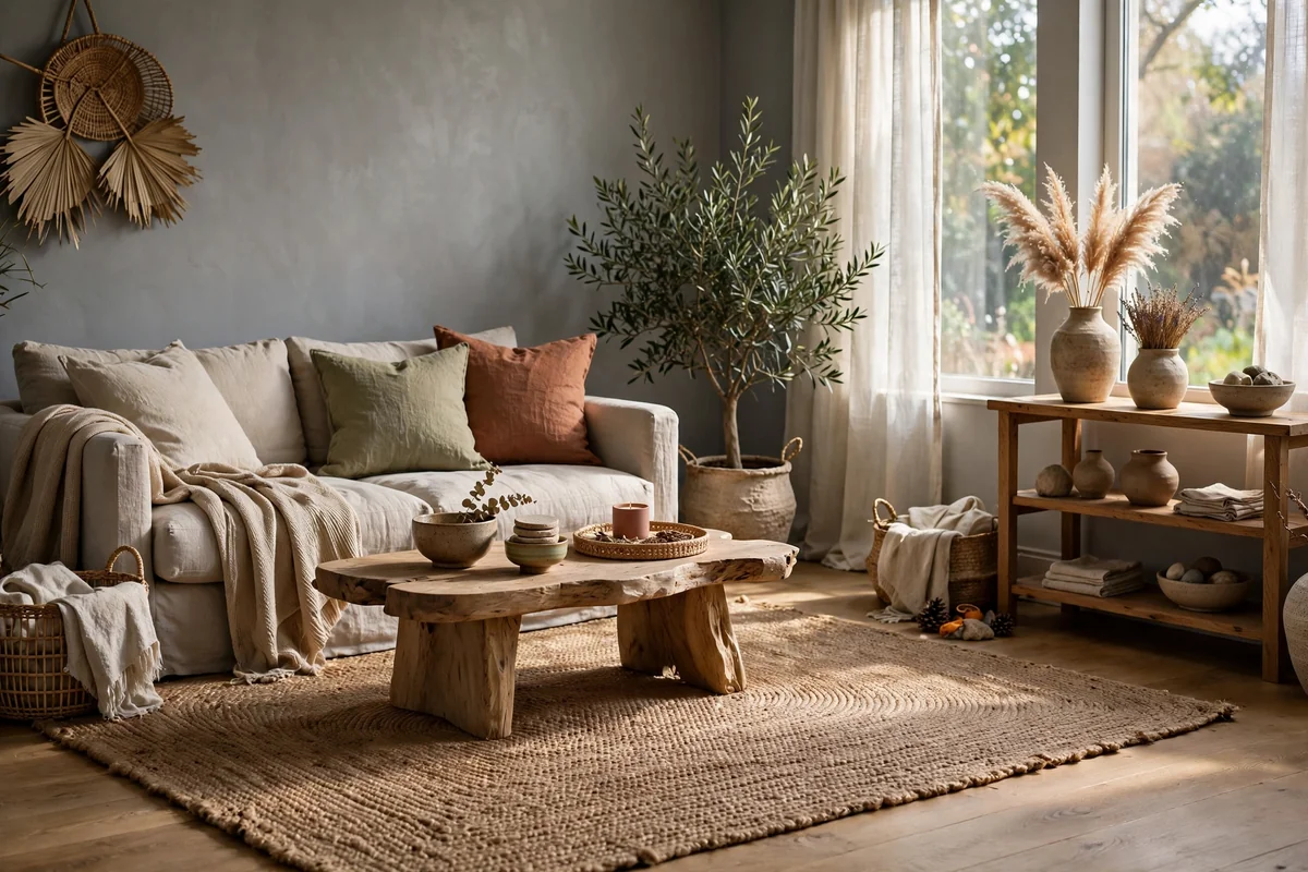 Living room with grey walls and a natural jute rug, organic