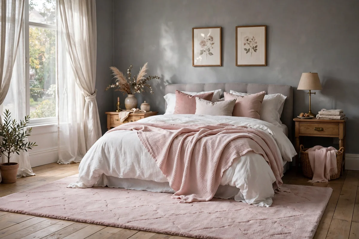 Bedroom with grey walls and a powder pink area rug, romantic