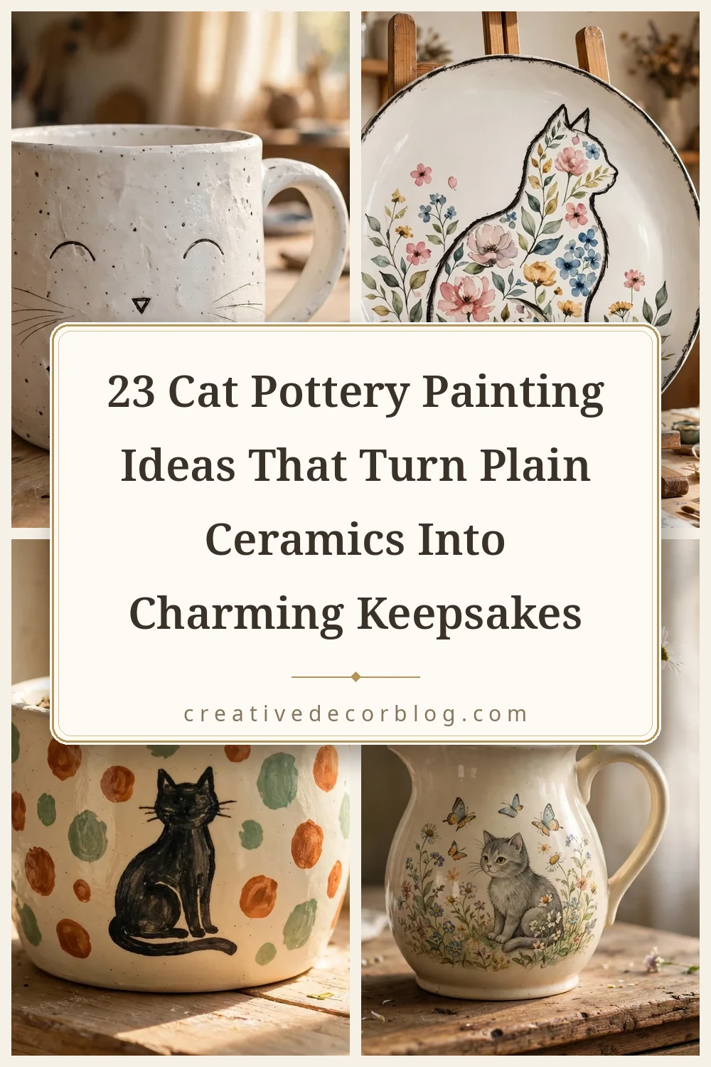 Pinterest pin showing a grid of cat pottery painting ideas with the article title