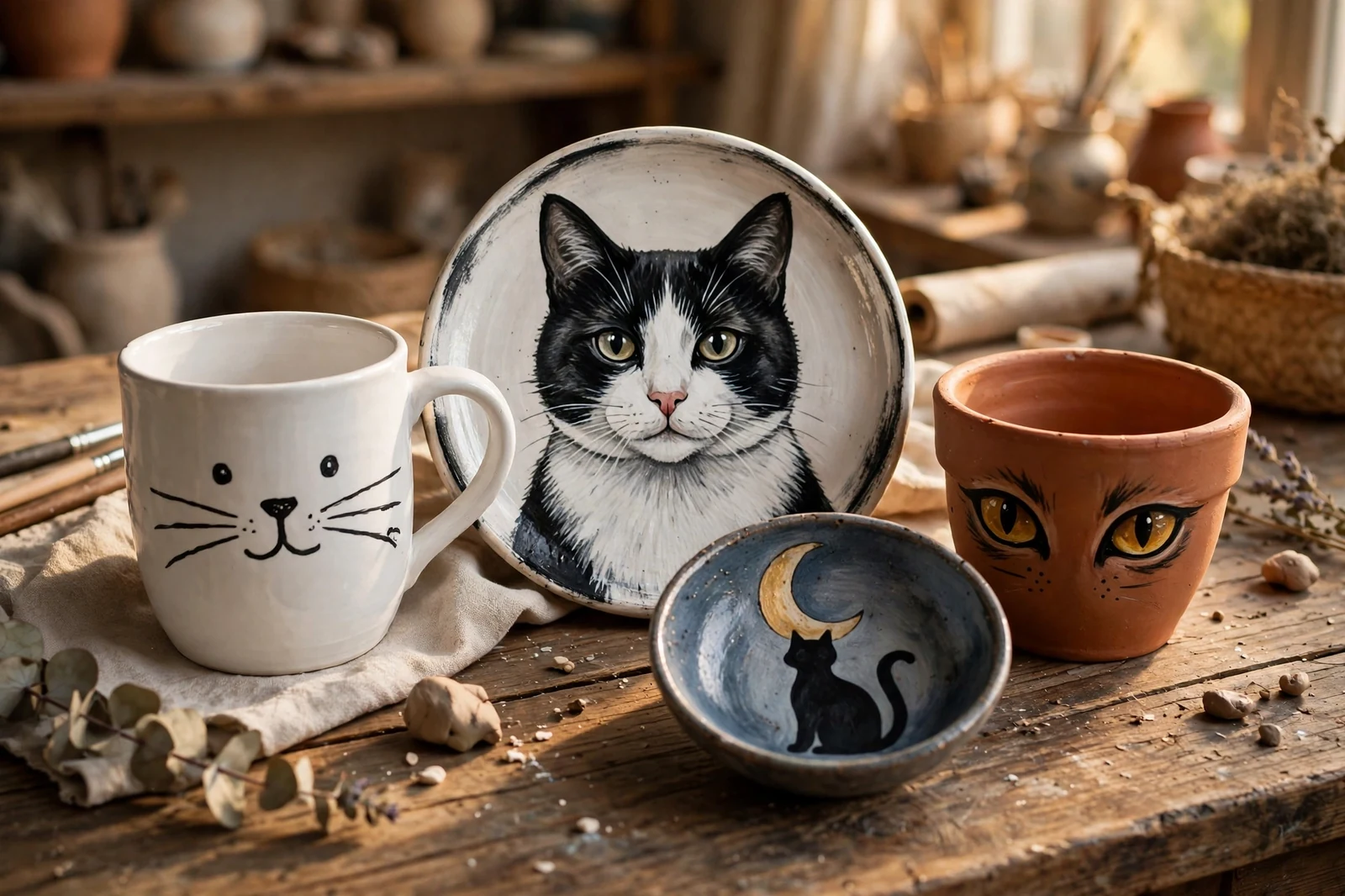 Collection of hand-painted cat pottery pieces including a mug, plate, bowl and planter on a wooden table