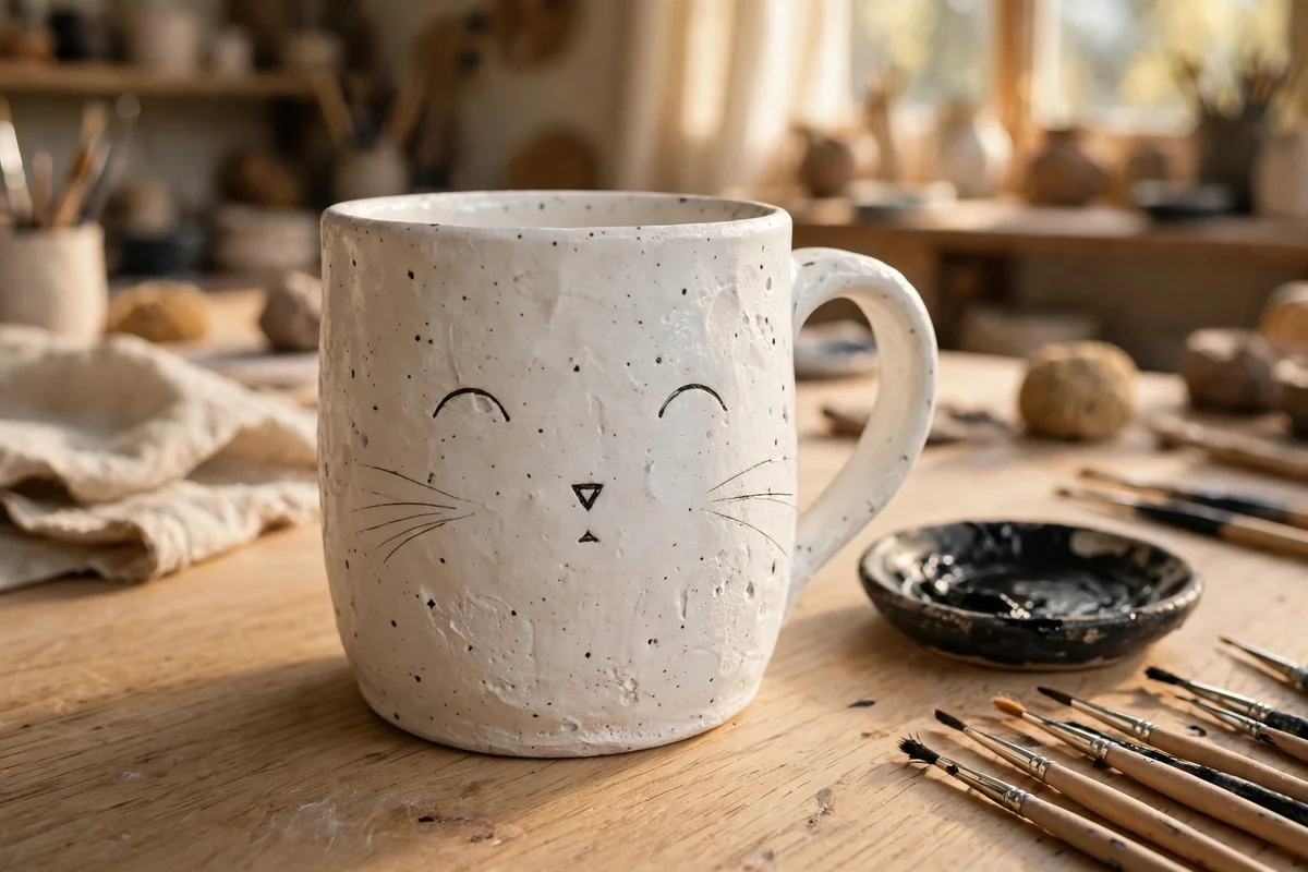 White ceramic mug with a minimal black line-drawn cat face