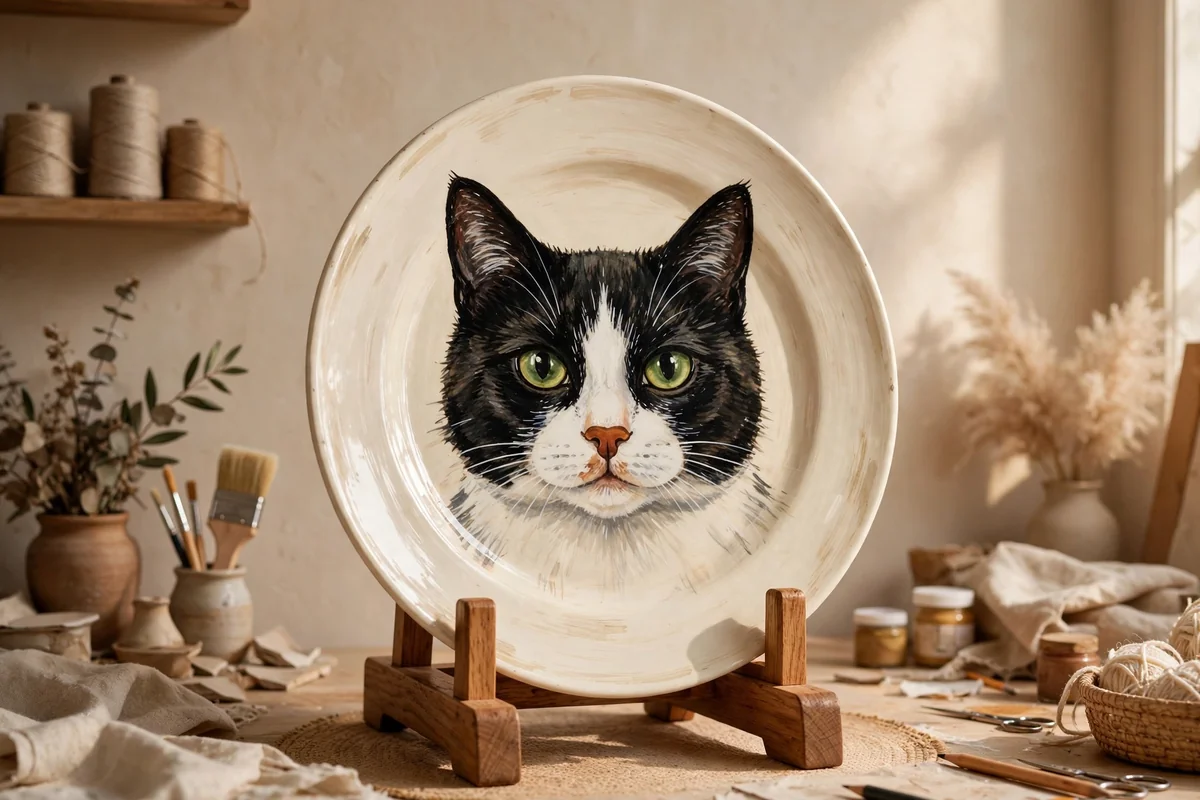 Round cream plate with a hand-painted tuxedo cat portrait
