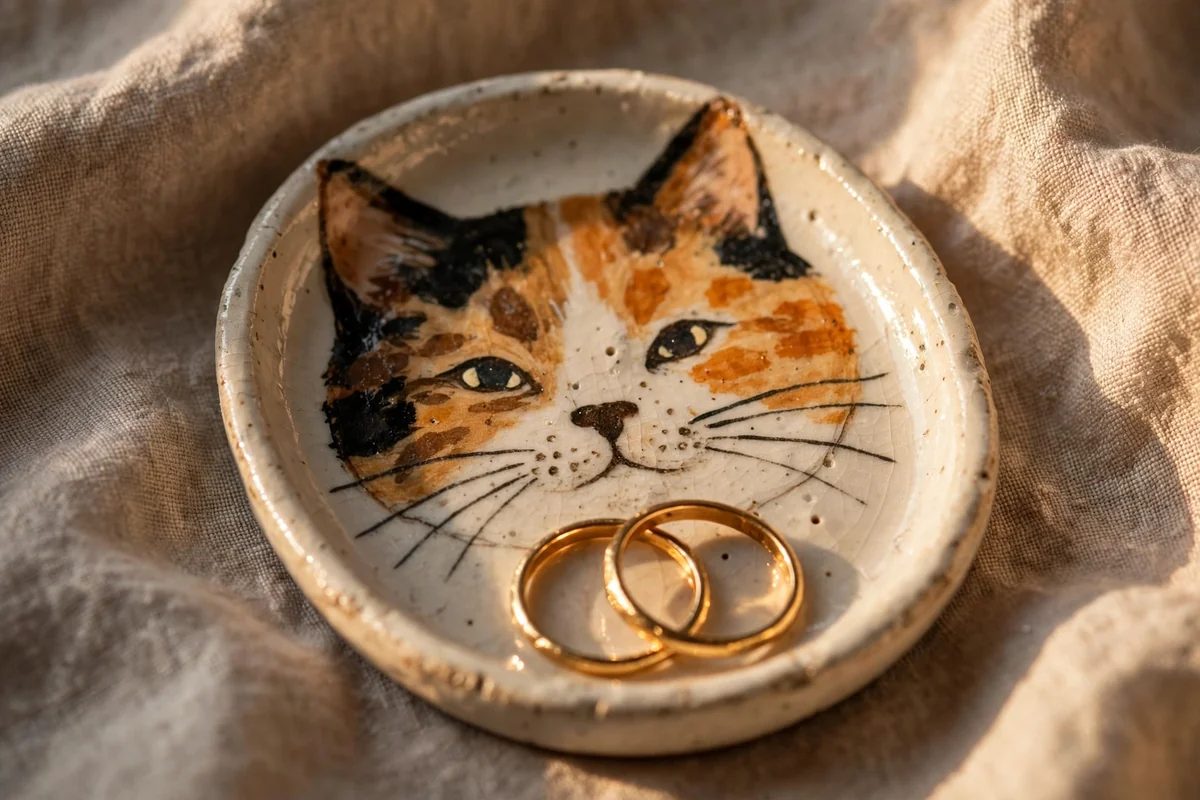 Small oval trinket tray painted with a calico cat face holding rings
