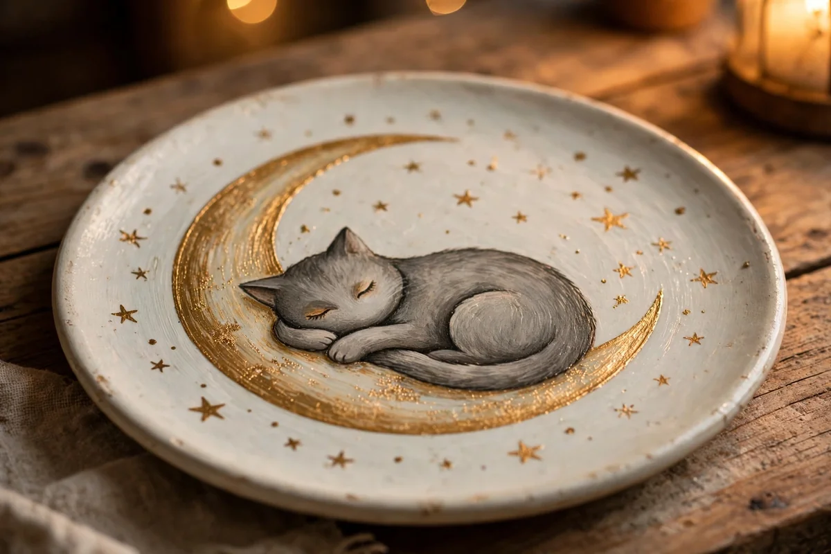 Pale plate with a curled sleeping cat inside a golden crescent moon