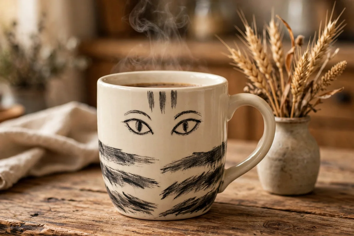 Cream mug with hand-painted tabby stripes wrapping around it