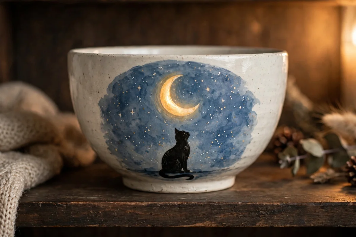 Ceramic bowl painted with a black cat silhouette under a crescent moon
