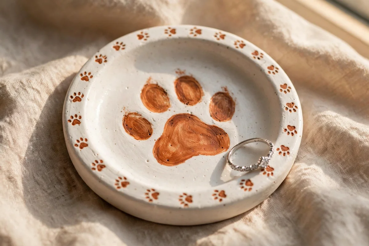 Small white ring dish with a terracotta cat paw print