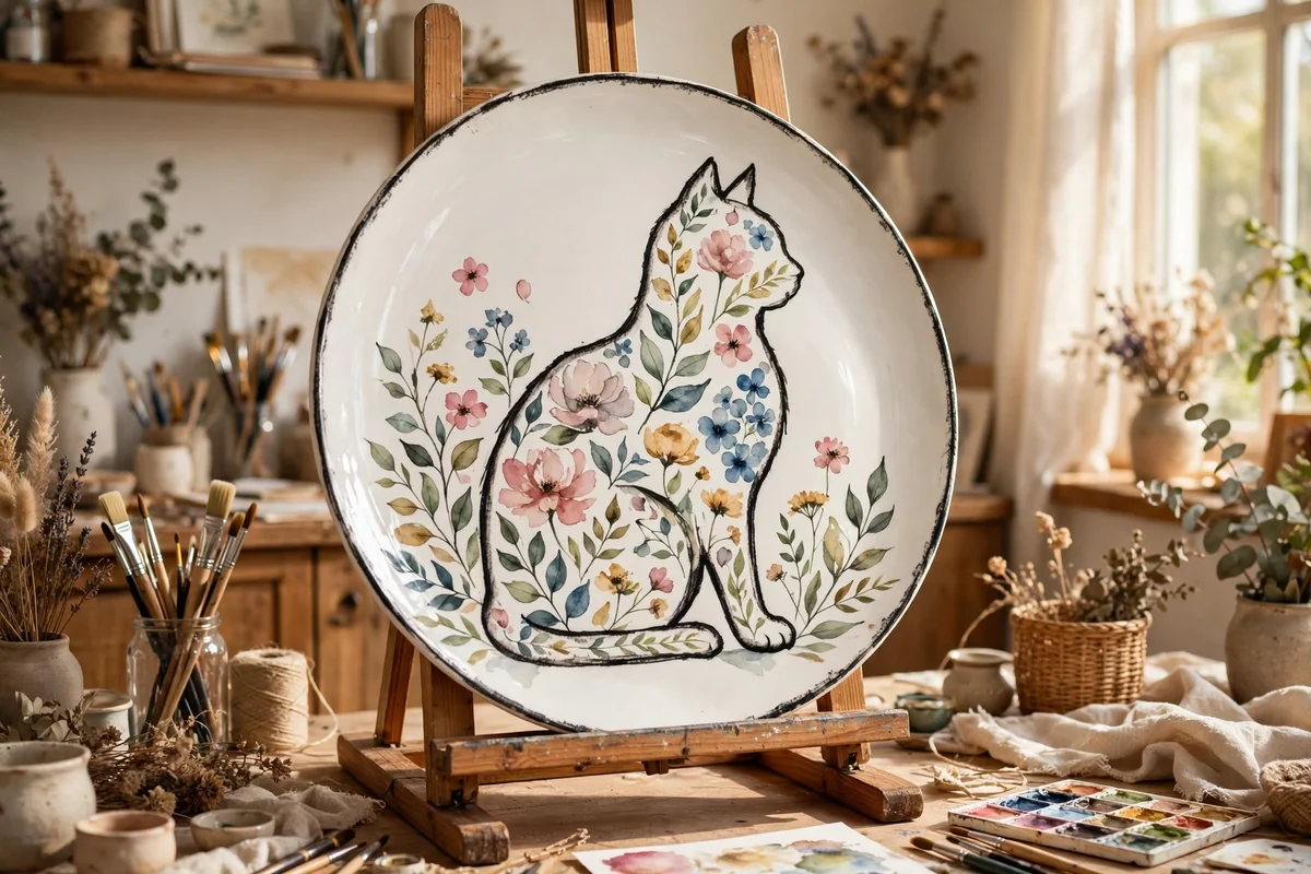 Large white platter with a cat silhouette filled with painted flowers