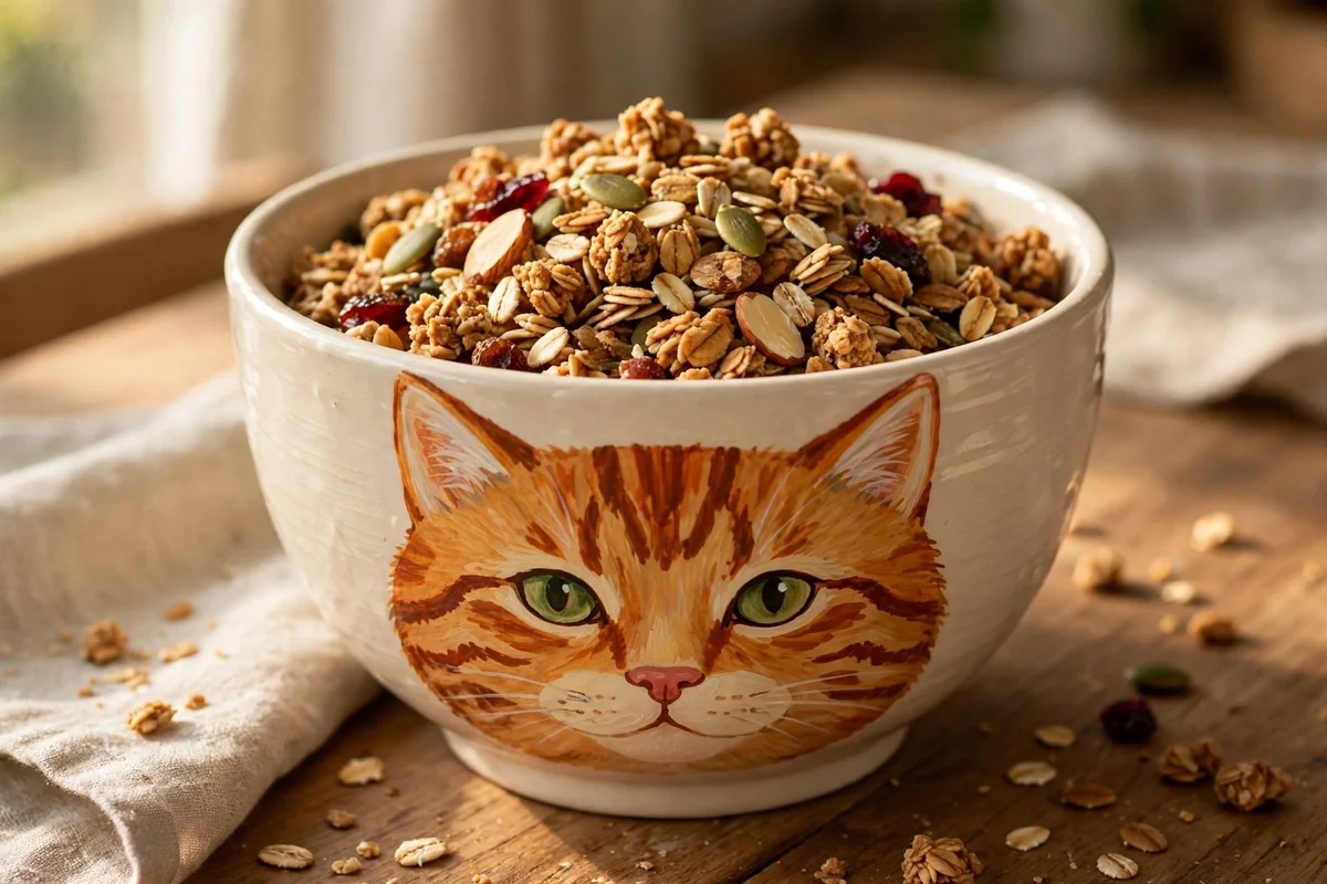 Cream cereal bowl painted with a ginger cat face