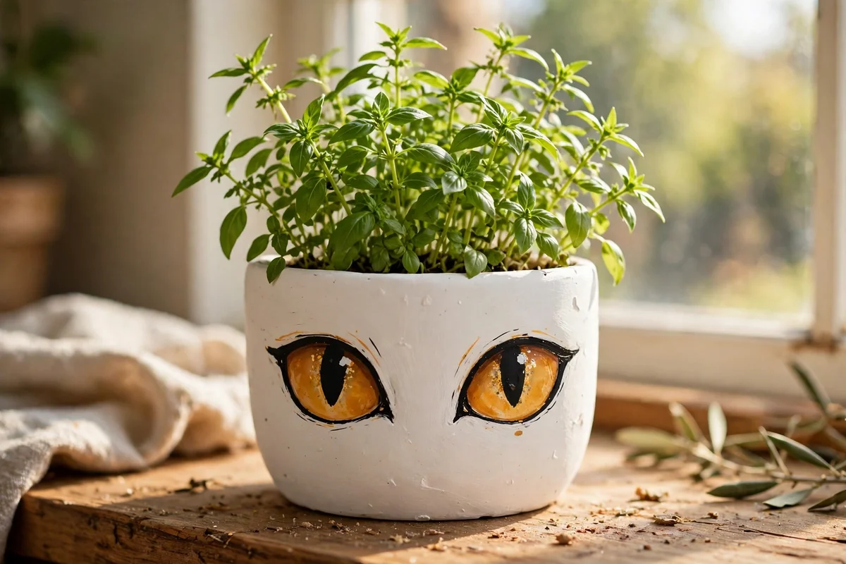 White planter painted with large amber cat eyes and basil growing