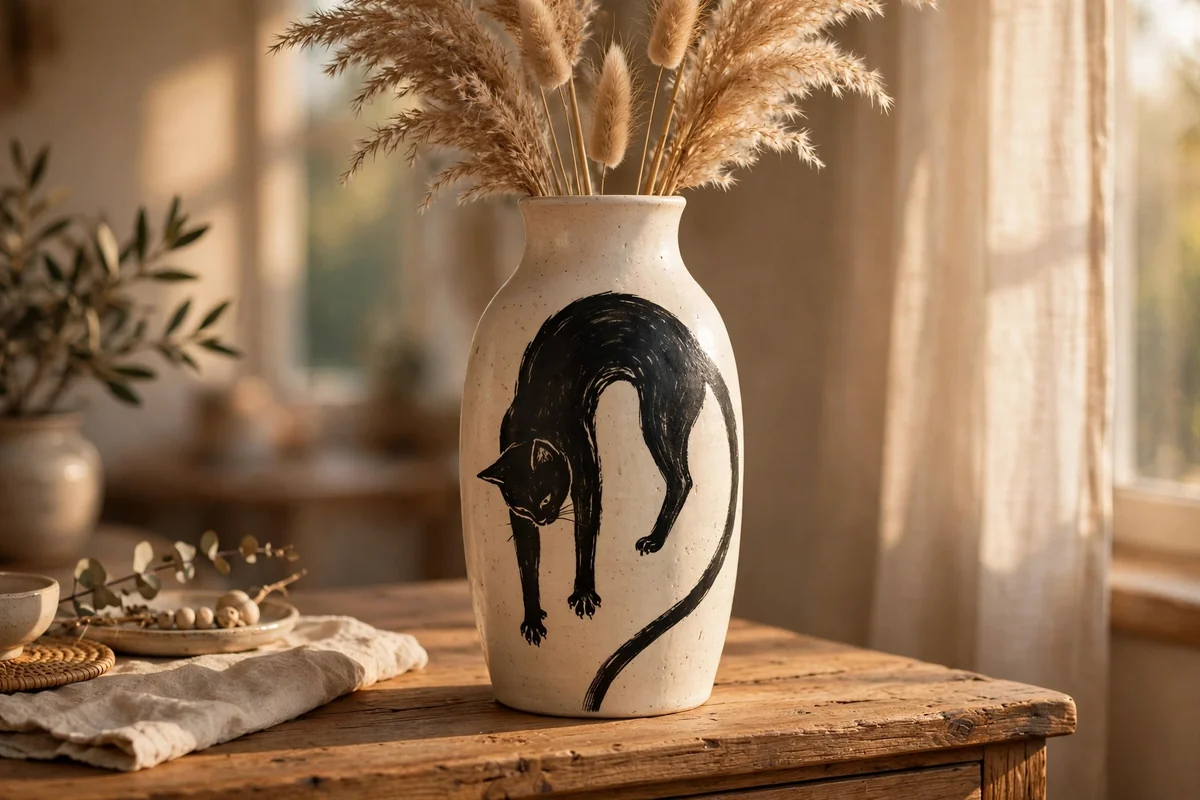 Tall cream vase with a black stretching cat silhouette
