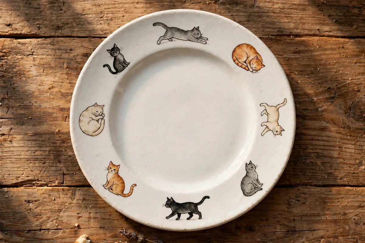 White plate rim painted with a parade of tiny cats in poses