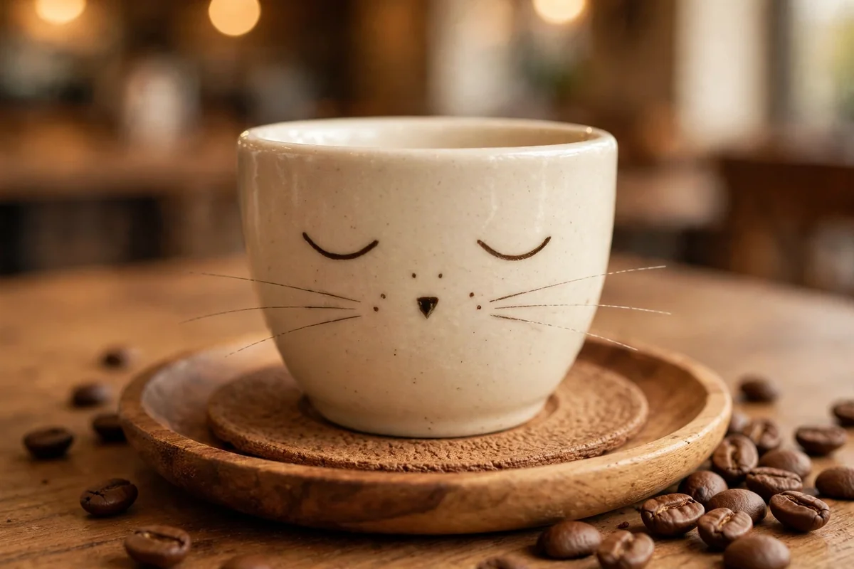 Small espresso cup painted with fine whisker lines and tiny nose