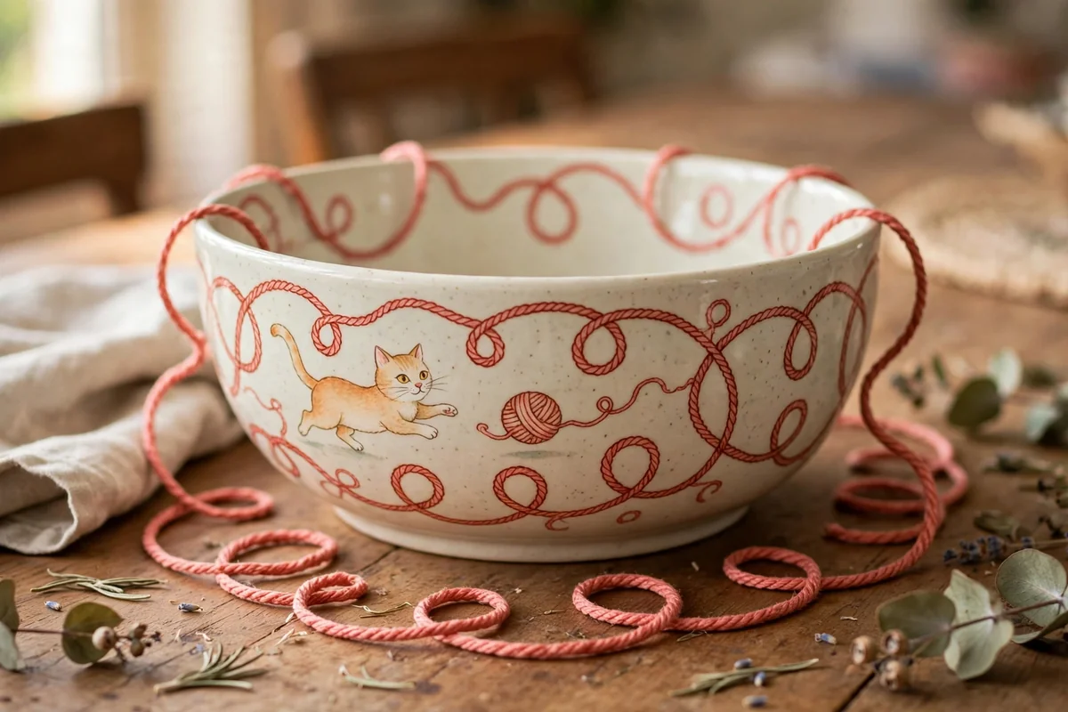 Serving bowl painted with a cat chasing a trailing yarn ball