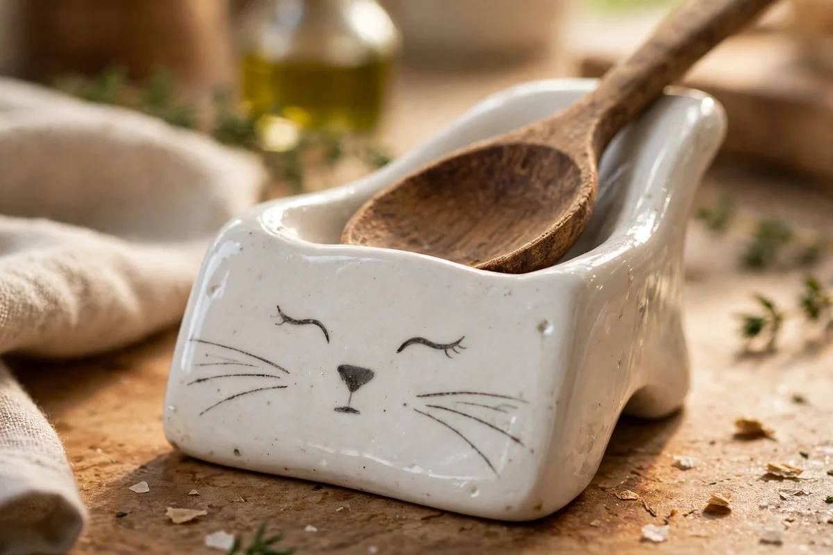 White spoon rest painted with a serene cat face and whiskers