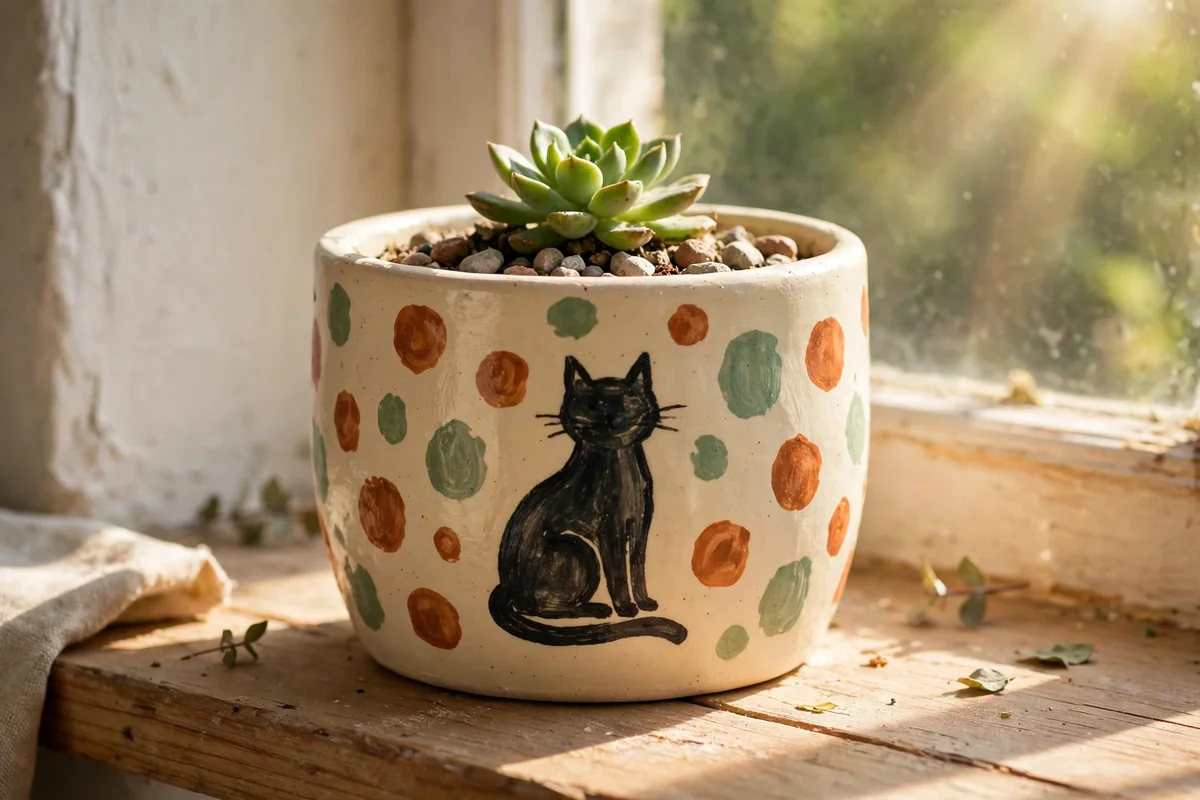 Cream planter with a cat silhouette and terracotta polka dots