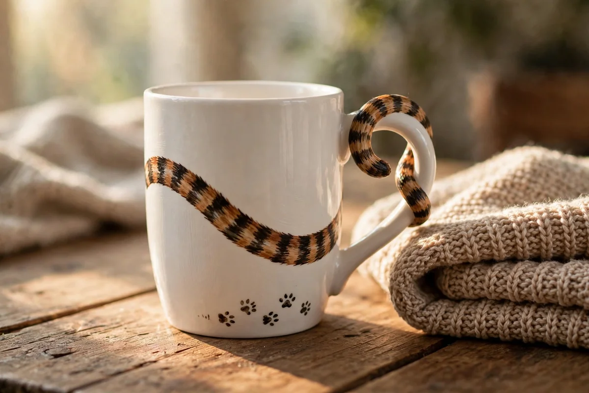White mug with a striped cat tail wrapping around the handle