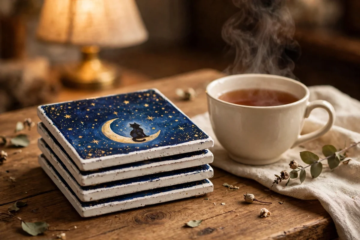 Ceramic tile coasters painted with starry night sky and cat