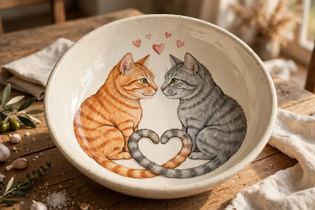 Serving bowl interior painted with two cats nose to nose