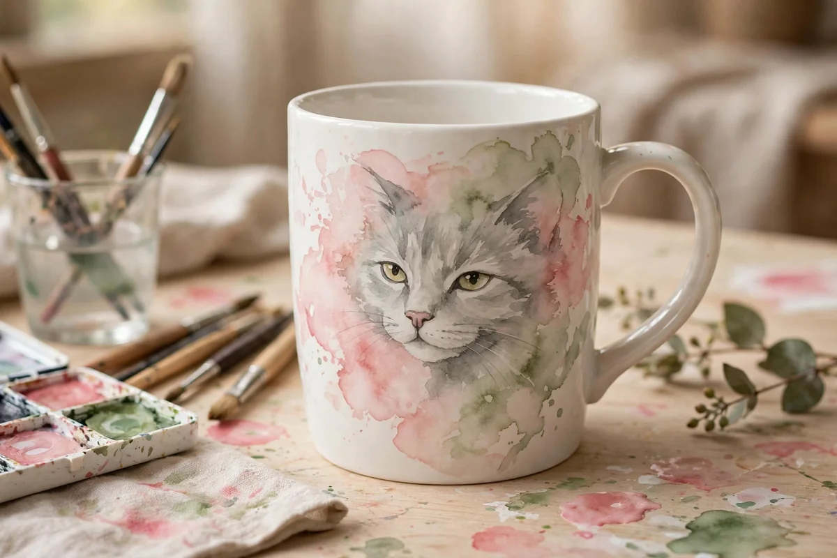 White mug with a soft watercolor wash and delicate cat face