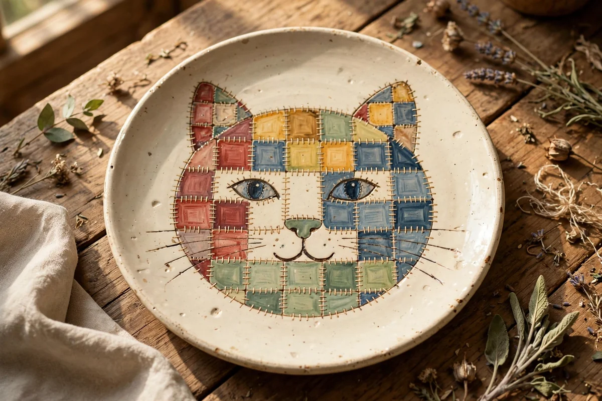 Cream plate with a cat face divided into patchwork quilt squares